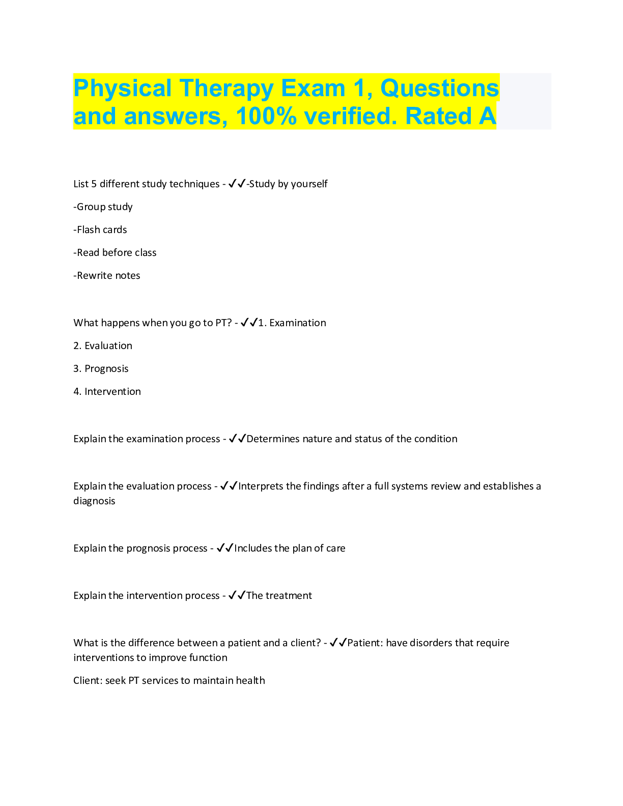 Physical Therapy Exam 1, Questions and answers, 100 verified. Rated A